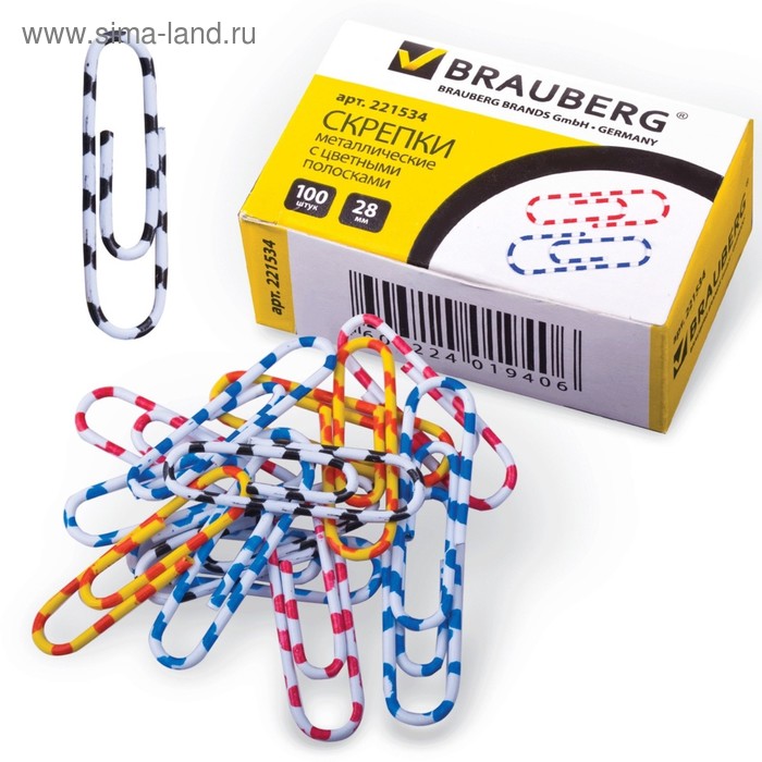 Скрепки канцелярские 28 мм, цветные, 100 штук, картонная коробка - Фото 1