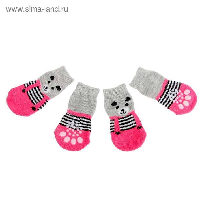 Носки хлопковые нескользящие "Мишки", размер L, набор 4 шт, розовые - Фото 1