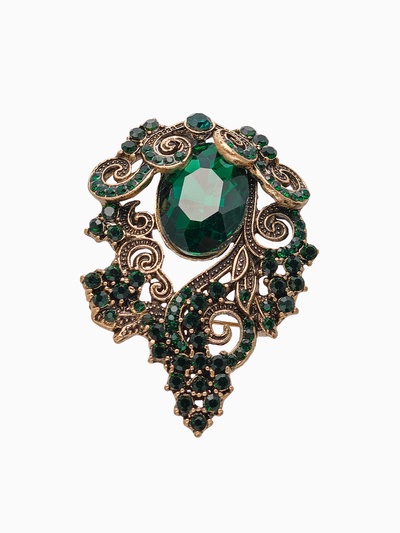 Брошь «Ажур», цвет изумрудный в чернёном золоте