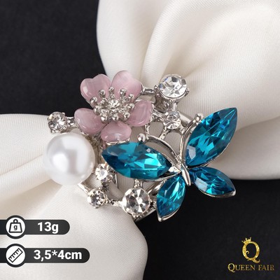 Кольцо для платка «Бабочка с цветочком» зимняя искра, цветная в серебре