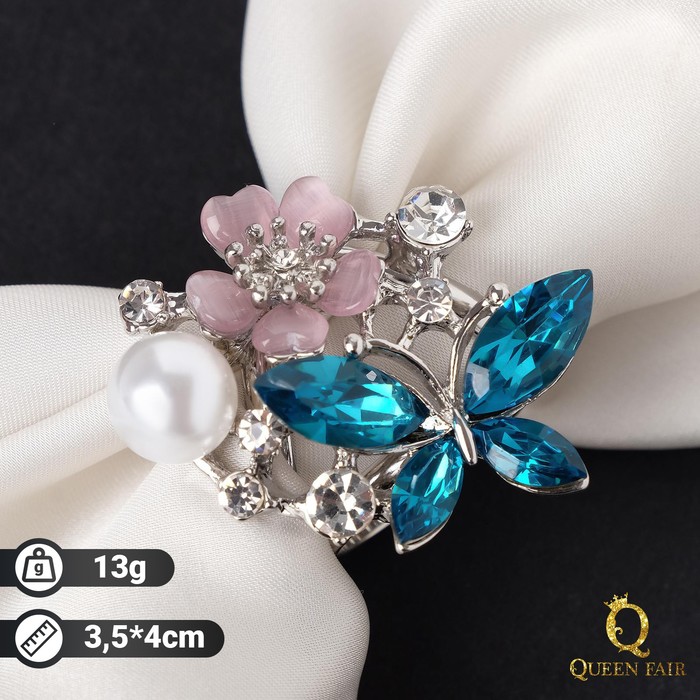 Кольцо для платка «Бабочка с цветочком» зимняя искра, цветная в серебре - Фото 1