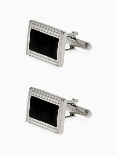 Запонки стальные «Прямоугольник» в рамке с эмалью, чёрные в серебре