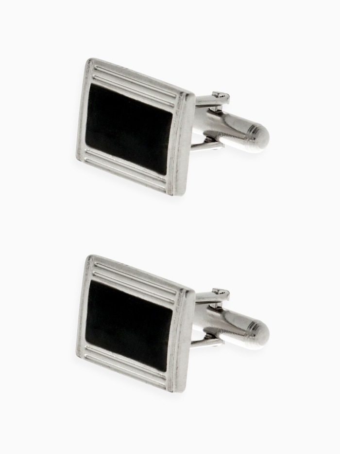 Запонки стальные «Прямоугольник» в рамке с эмалью, чёрные в серебре
