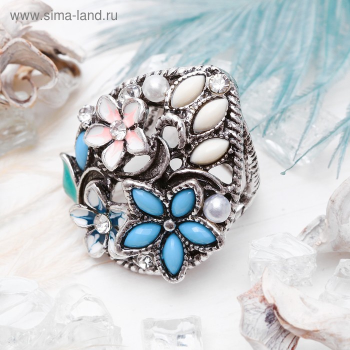 Кольцо "Цветы" на поляне, размер 16, цвет бело-голубой в чернёном серебре - Фото 1