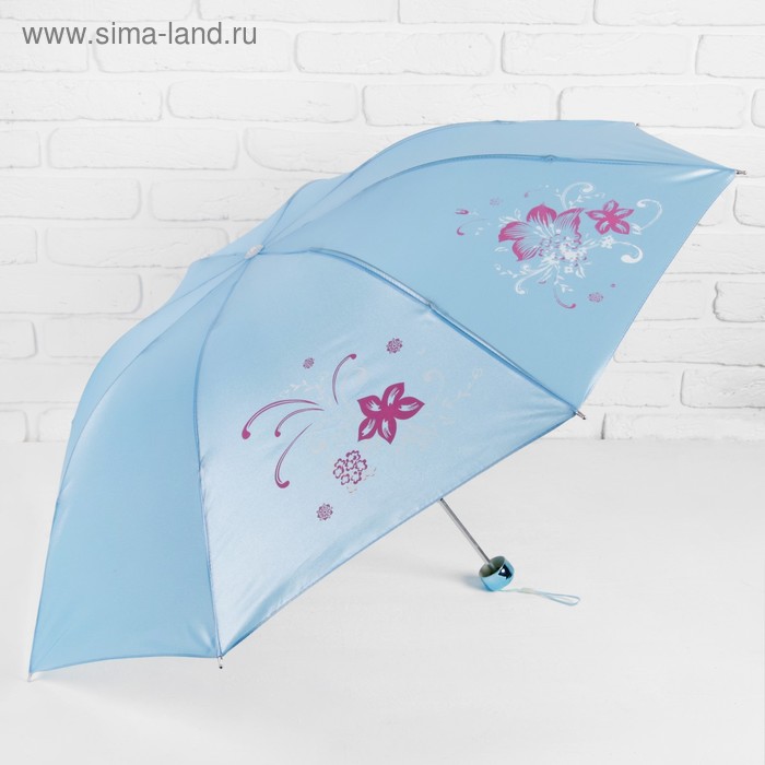 Зонт механический «Цветы», 3 сложения, 8 спиц, R = 48 см, цвет голубой - Фото 1