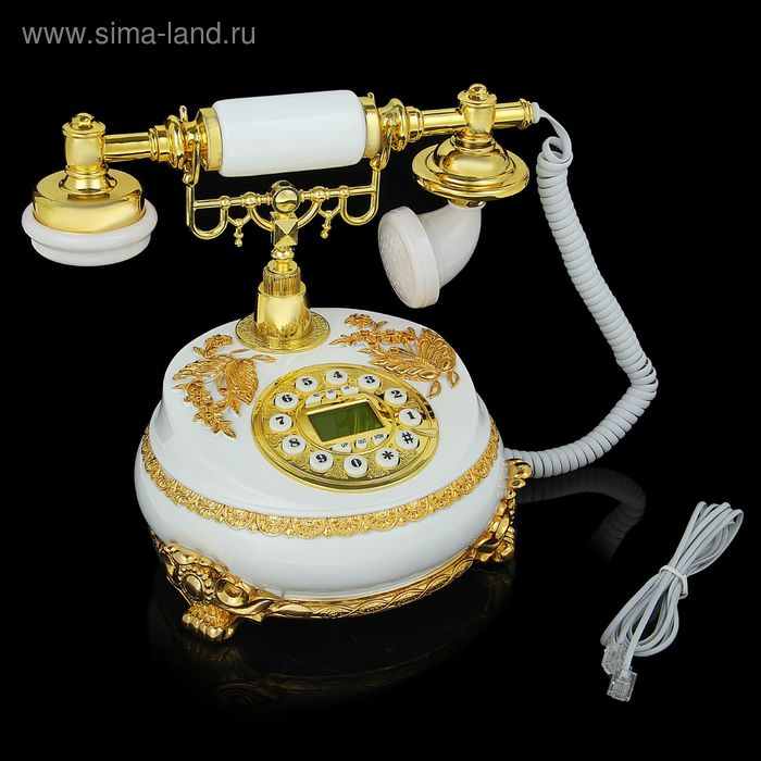 Телефон ретро полистоун, Круг с узором из лепнины Бабочка золото, белый 18*25см - Фото 1