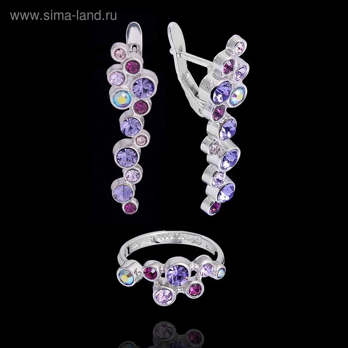 Гарнитур 2 предмета: серьги, кольцо "Меренга", размер 18, цвет фиолетовый в серебре - Фото 1