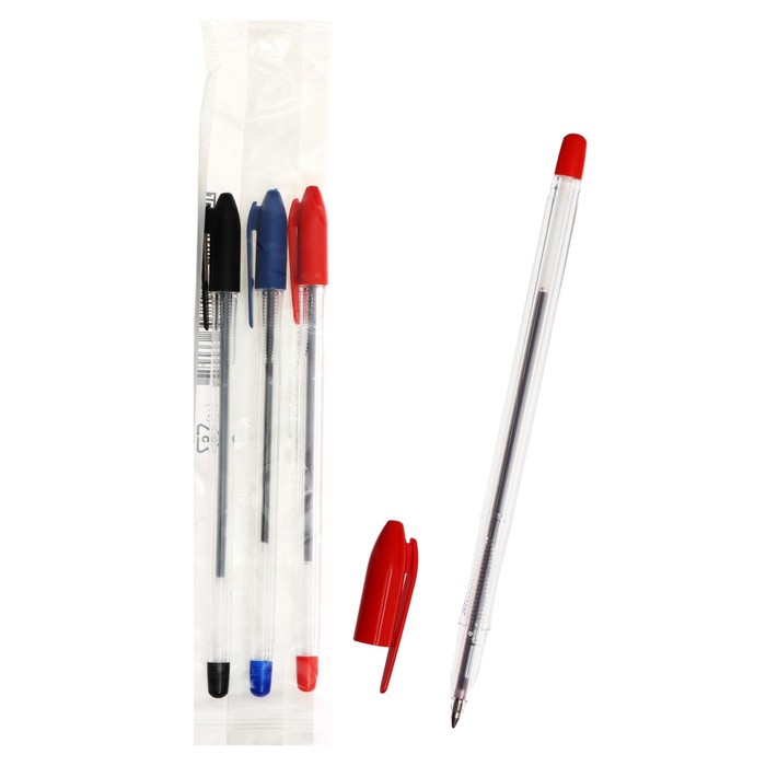 Набор ручек шариковых 3 цвета СТАММ "VeGa", узел 0.7 мм, чернила на масляной основе: синие, красные, черные, европодвес - Фото 1