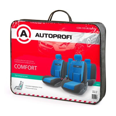 Авточехлы универсальные AUTOPROFI COMFORT, COM-1105 BK/BL (M), велюр, набор из 11 предметов, чёрные, синие