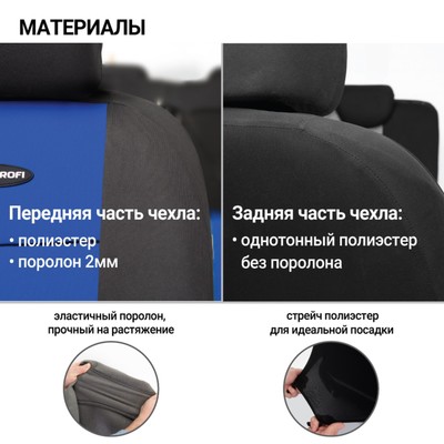 Авточехлы универсальные AUTOPROFI TT-902P BK/BL (M), полиэстер, набор из 9 предметов, передний ряд, задний ряд, чёрный/синий