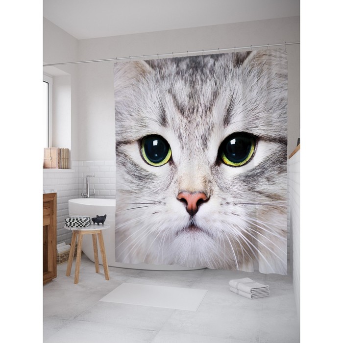 Фотоштора для ванной «Суровый котик», сатен, размер 180х200 см
