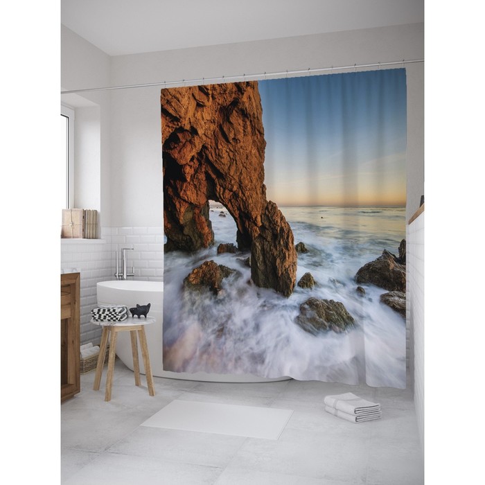 Фотоштора для ванной «Туманные камни», сатен, размер 180х200 см