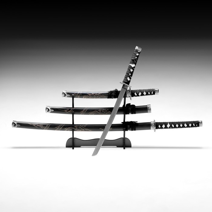 Макет оружия «Сувенирные катаны на подставке 3в1. Чёрный дракон», подарочный набор, ножны дерево, 51 см; 71 см; 100 см - Фото 1