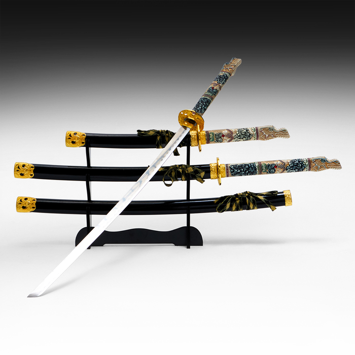 Макет оружия «Сувенирные катаны на подставке 3в1. Голова дракона», подарочный набор, ножны дерево, чёрный, 60 см; 90 см; 108 - Фото 1