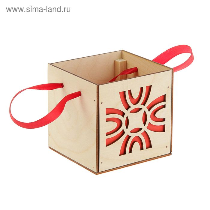 Кашпо деревянное кубическое "Орнамент прямой" стандарт, ручка лента, красный - Фото 1