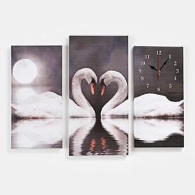 Часы-картина настенные, модульные, "Пара лебедей", бесшумные, 60 х 80 см, триптих