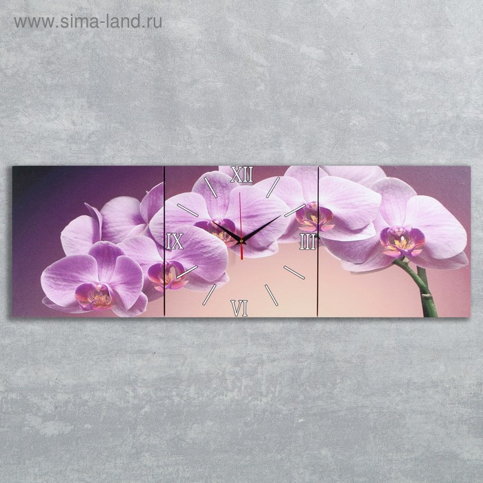 Часы настенные, модульные, серия: Цветы, "Фиолетовые орхидеи", 35х110  см - Фото 1
