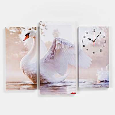 Часы настенные модульные, интерьерные "Белый лебедь на пруду", бесшумные, 60 х 80 см