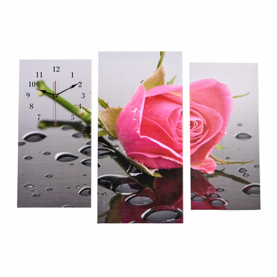 Часы-картина настенные, модульные "Розовая роза", бесшумные, 60 х 80 см, триптих