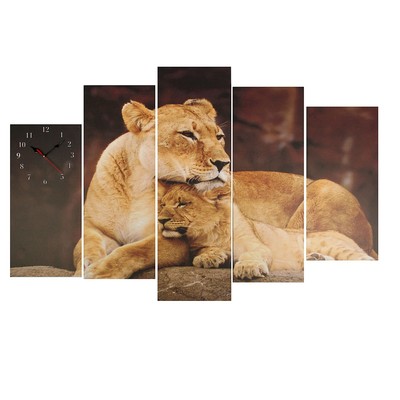Часы настенные, модульные, серия: Животный мир, "Львица со львенком", 80х140  см