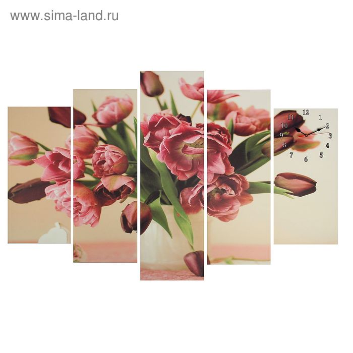 Часы настенные, модульные, серия: Цветы, "Бледно-красные тюльпаны", 80х140  см - Фото 1