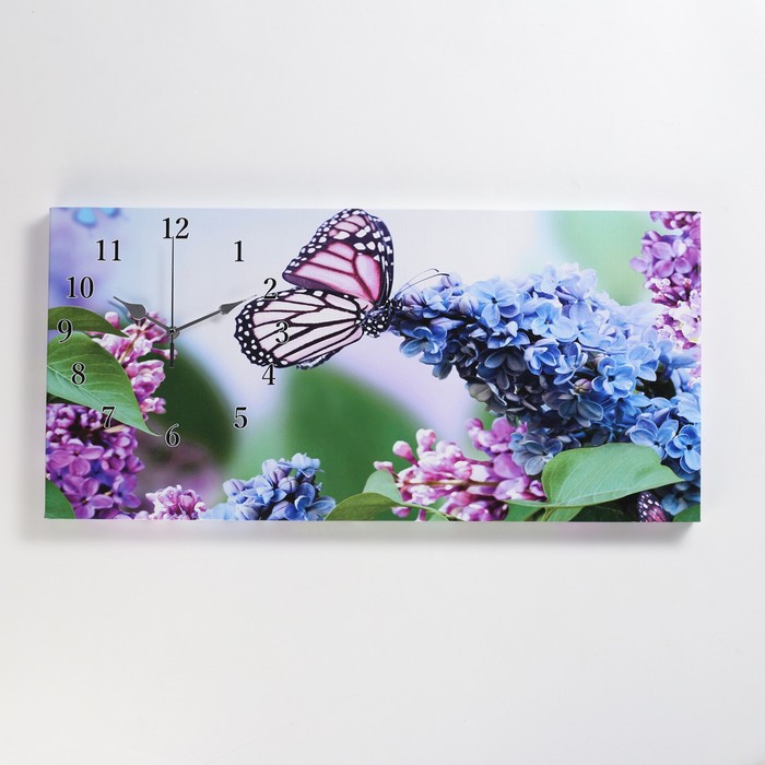 Часы-картина настенные, серия: Цветы, "Сирень и бабочка", 40 х 76 см - фото 3641510