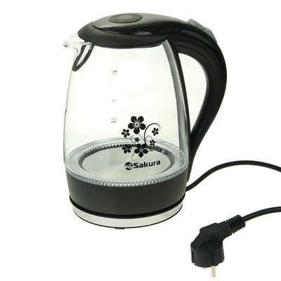 Чайник электрический Sakura SA-2710BK, стекло, 1.7 л, 1850-2200 Вт, подсветка, черный