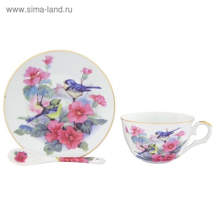 Пара чайная "Синички в цветах", 3 предмета, 250 мл. 15×15×7 см. - Фото 1