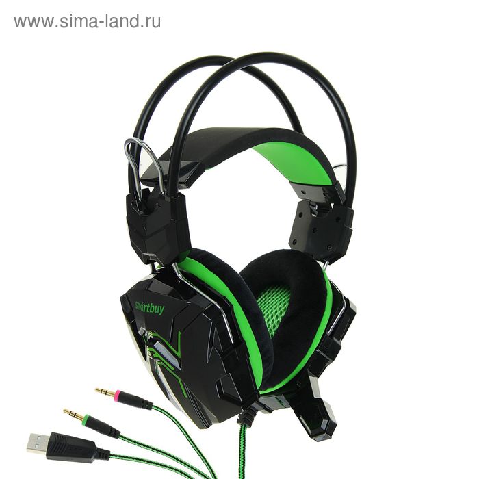 Наушники Smartbuy RUSH SNAKE, игровые, микрофон, 3.5 мм + USB, 2.2 м, чёрно-зеленые - Фото 1