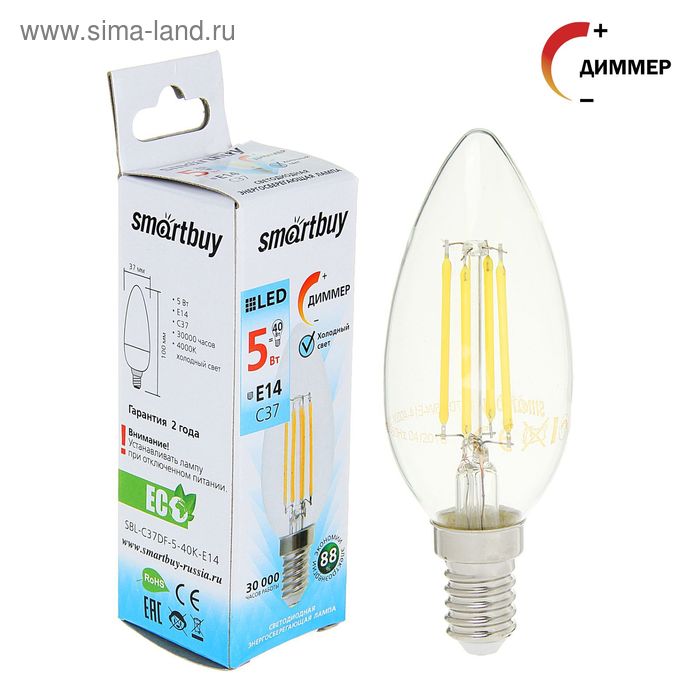 Лампа cветодиодная диммируемая Smartbuy, Filament, C37, 5 Вт, E14, 4000 К, дневной белый - Фото 1