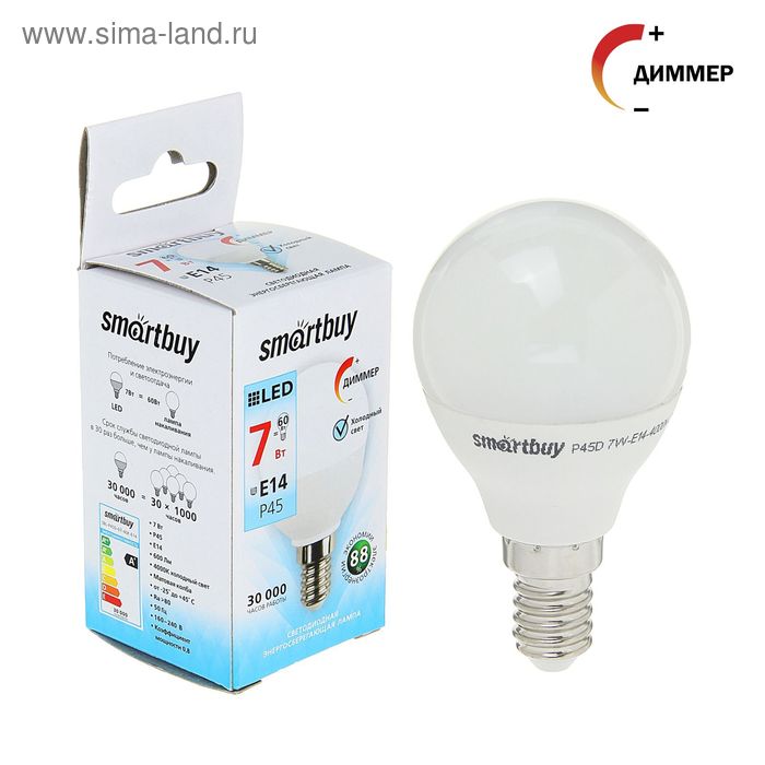 Лампа cветодиодная диммируемая Smartbuy, G45, 7 Вт, E14, 4000 К, дневной белый - Фото 1
