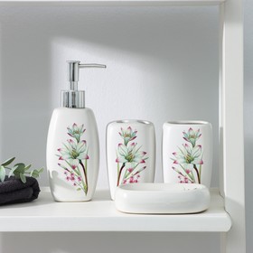 Набор аксессуаров для ванной комнаты Доляна «Подснежник», 4 предмета (дозатор 400 мл, мыльница, 2 стакана), цвет белый