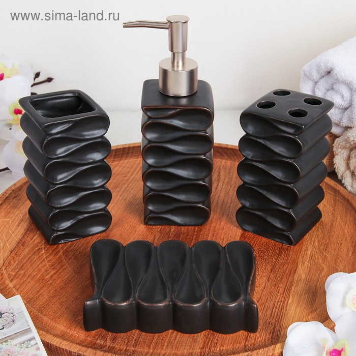 Набор аксессуаров для ванной комнаты Доляна «Шлейф», 4 предмета (дозатор 300 мл, мыльница, 2 стакана), цвет чёрный - Фото 1