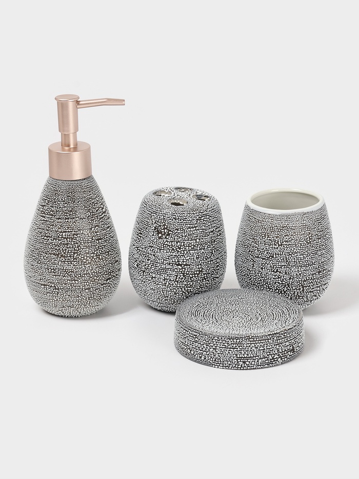 Набор аксессуаров для ванной комнаты Доляна «Камень», 4 предмета (дозатор 300 мл, мыльница, 2 стакана), цвет серый - Фото 1