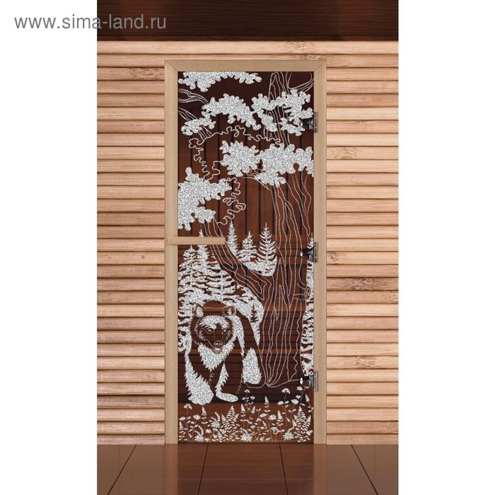 Дверь для бани и сауны стеклянная "Мишка в лесу", 190х67, 8мм, бронза - Фото 1
