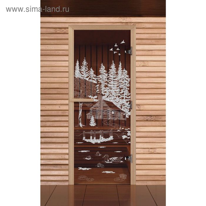 Дверь для бани и сауны "Банька в лесу", бронза, 8мм, УФ-печать, 200х77см - Фото 1