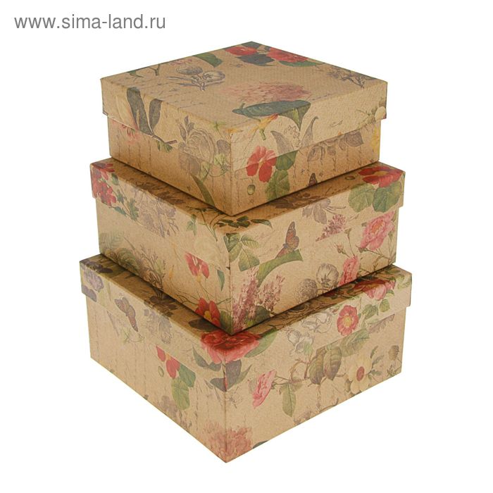 Набор коробок 3 в 1 "Цветы ретро крафт", 19 х 19 х 9.5 - 15.5 х 15.5 х 6.5 см - Фото 1