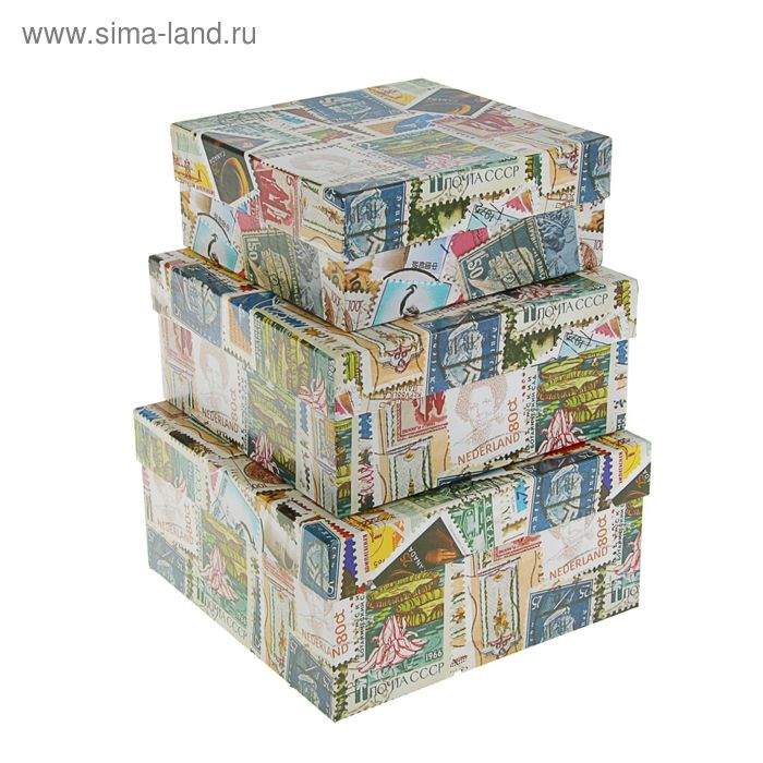Набор коробок 3 в 1 "Почтовые марки" 19 х 19 х 9,5 - 15,5 х 15,5 х 6,5 см - Фото 1
