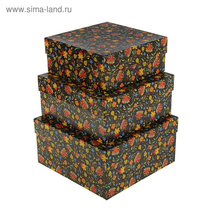 Набор коробок 3 в 1 "Цветы на чёрном", 19 х 19 х 9,5 - 15,5 х 15,5 х 6,5 см - Фото 1