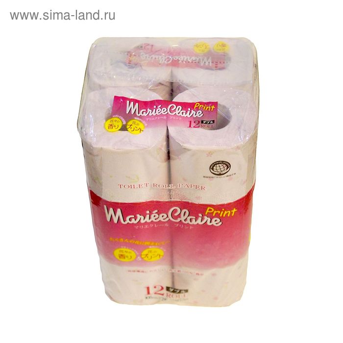 Туалетная бумага двухслойная "MARIEE CLAIRE", розовая с принтом, 27.5 м, IDESHIGYO 12 рулонов   2077 - Фото 1