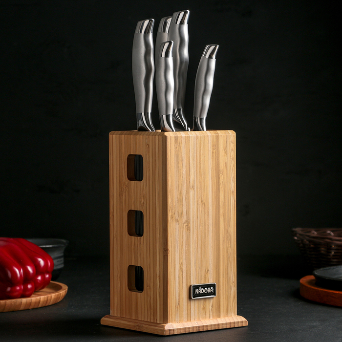 Набор NADOBA MARTA из 5 кухонных ножей с универсальным блоком из бамбука, цвет хромированный