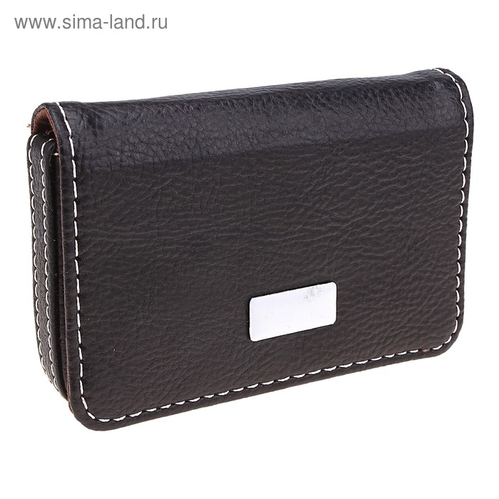 Визитница с длинной крышкой и металлической вставкой, горизонтальная, под кожу - Фото 1