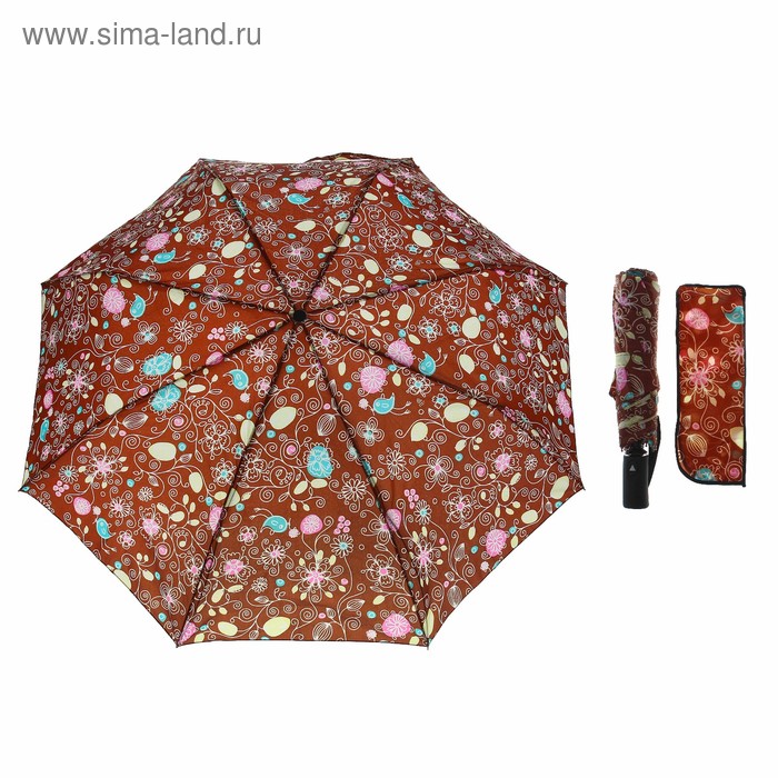 Зонт полуавтоматический "Цветы", R=53см, цвет коричневый