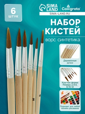 Набор кистей нейлон, круглые, средней жёсткости, 6 штук : №2, 4, 6, 8, 10, 12, с деревянными ручками, в блистере 1827409