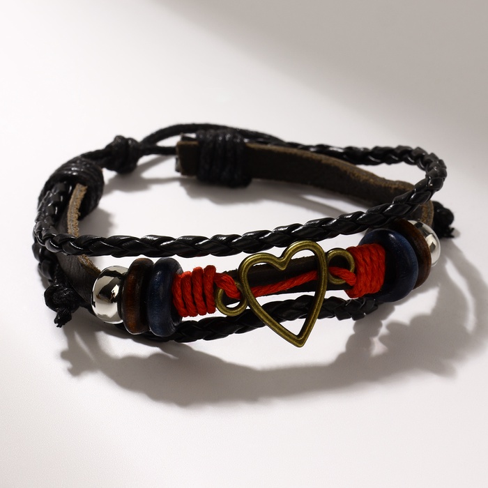 Браслет кожа «Стиль» сердце, чёрно-красный, d=7 см - Фото 1