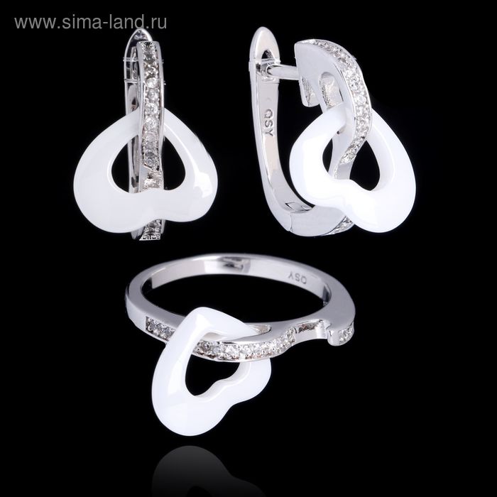 Гарнитур посеребрение 2 предмета: серьги, кольцо "Керамика" сердечко, цвет белый в серебре, 17 р-р - Фото 1
