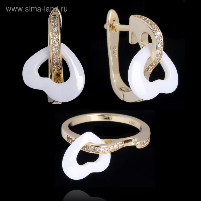Гарнитур посеребрение 2 предмета: серьги, кольцо "Керамика" сердечко, цвет белый в золоте, 18 р-р - Фото 1