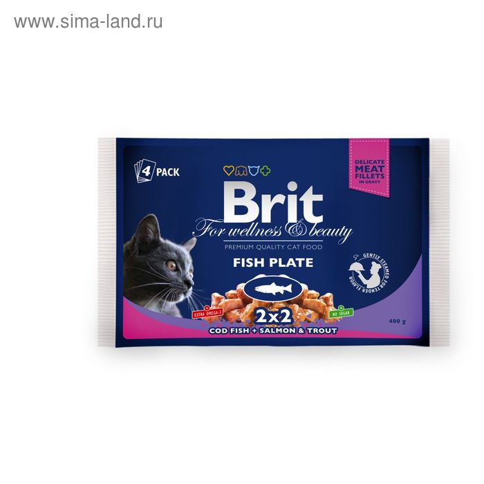 Влажный корм Brit Premium "Рыбная тарелка" для кошек, пауч, 4 х 100 г. - Фото 1