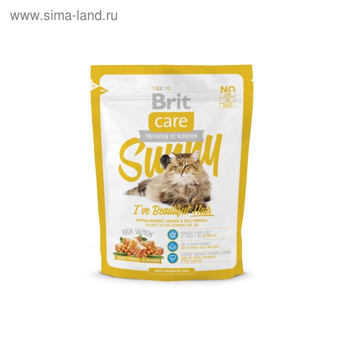 Сухой корм Brit Care Cat Sunny Beautiful Hair для кошек, уход за кожей и шерстью, 400 г - Фото 1