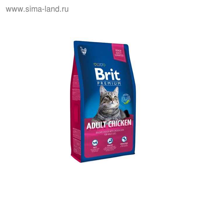 Сухой корм Brit Premium Сat adult Chicken для кошек, курица+печень, 8 кг - Фото 1